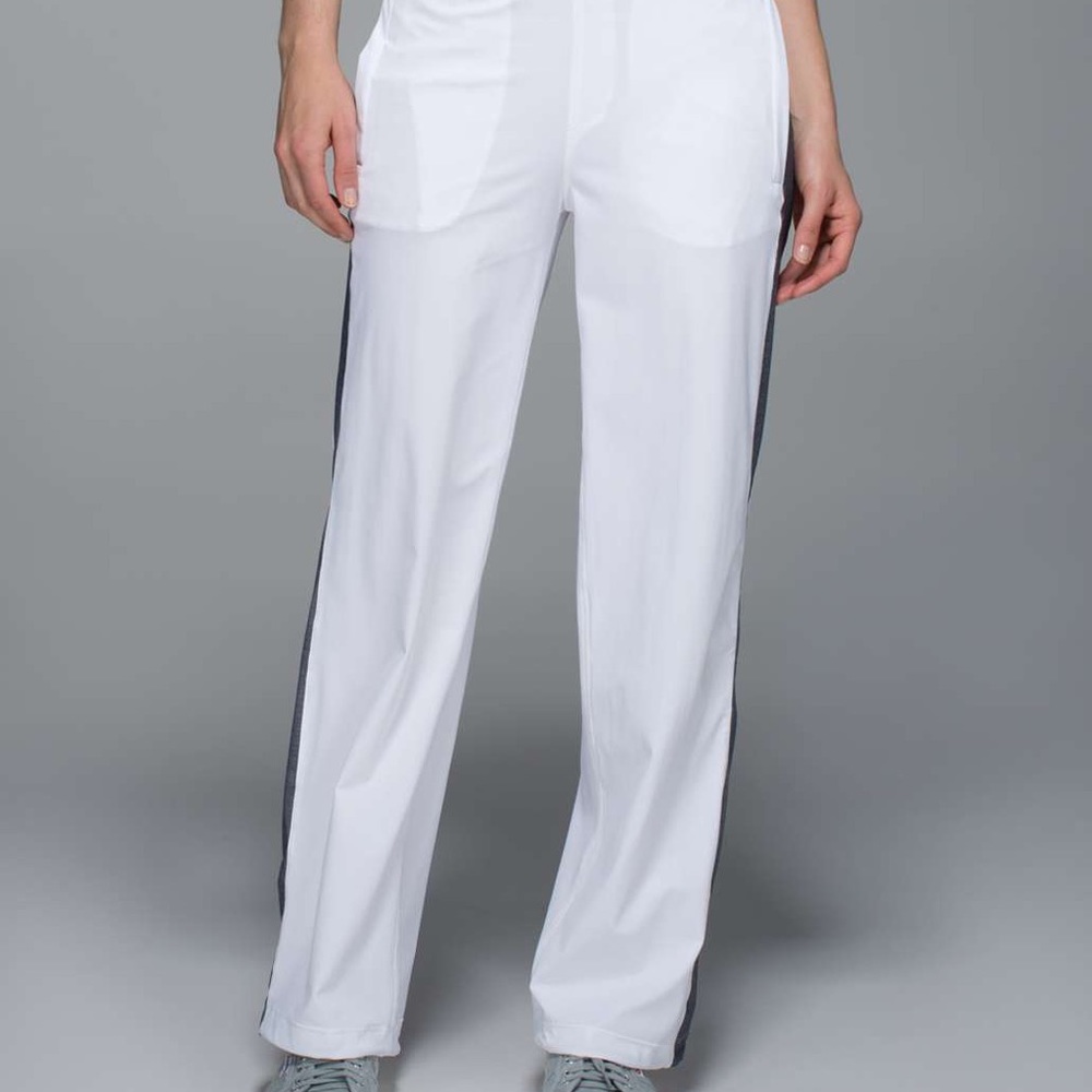 white lululemon city summer pant with grey stripes